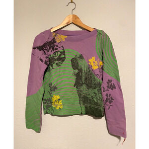 Vintage Miss Sixty Womens Sweatshirt Small Cat Dog Graphic Print Artsy 90s Y2K
